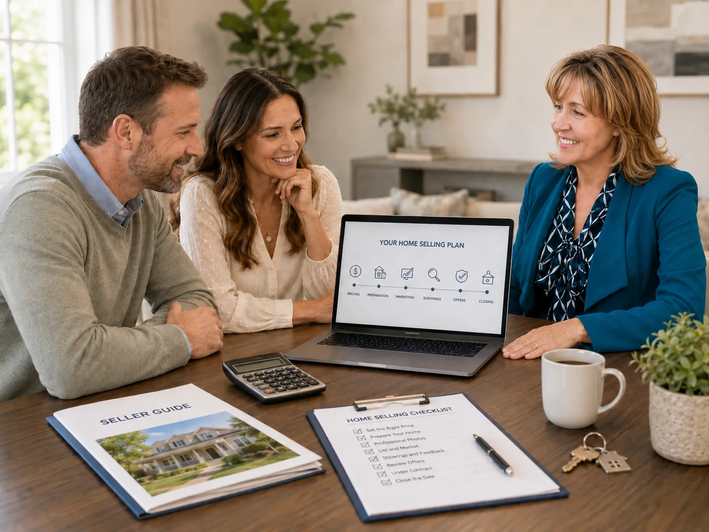 Real estate agent Laura Holbert meets with a couple at a table, reviewing a digital home selling plan on a laptop