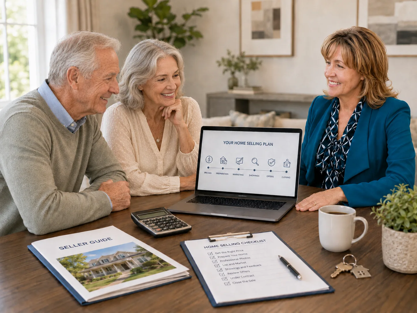 Laura Holbert consults with an older couple at a table with seller guides and a laptop