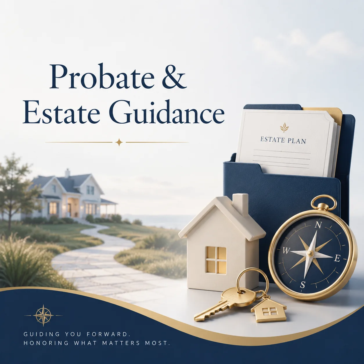 Probate and estate guidance graphic with house, keys, and estate plan folder