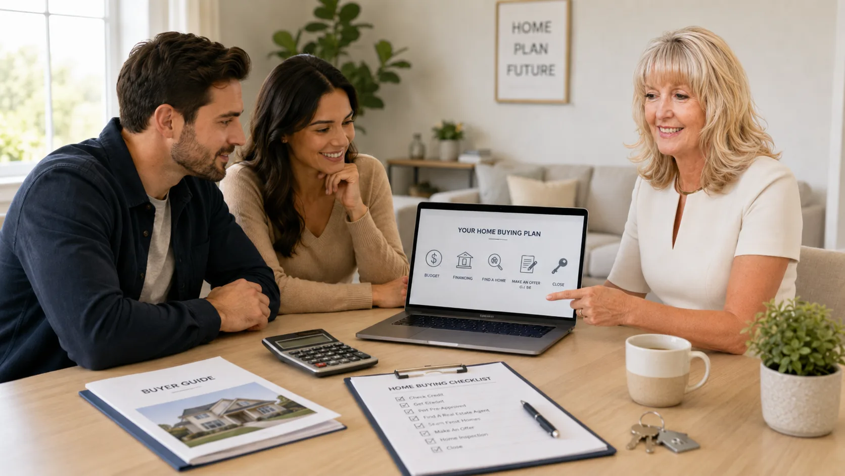 Laura Holbert discussing a home buying plan with a couple on a laptop