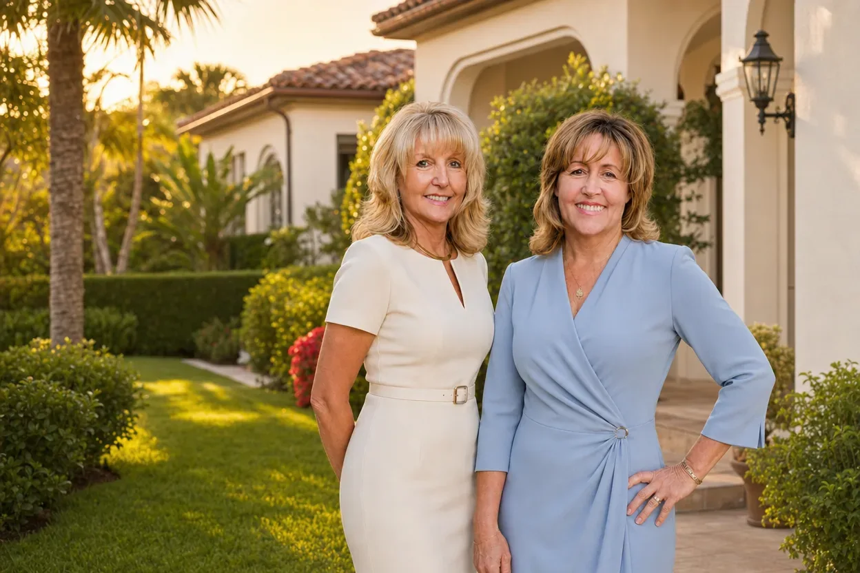 Laura Holbert and Cheryl Shadden of Team Integrity Realty — team portrait outside a luxury home at sunset