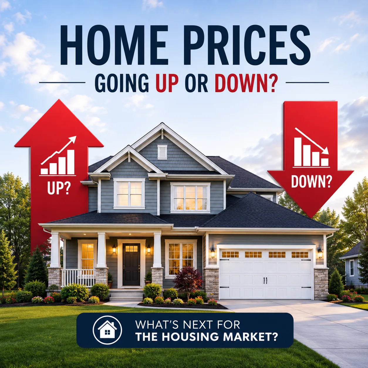A graphic featuring a house with red arrows indicating market trends