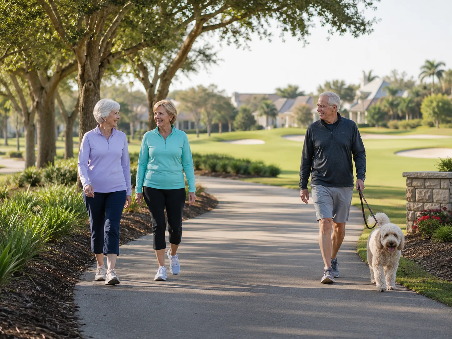 Two women and a man walking a dog on a paved path through a sunny, tree-lined Bear Creek neighborhood