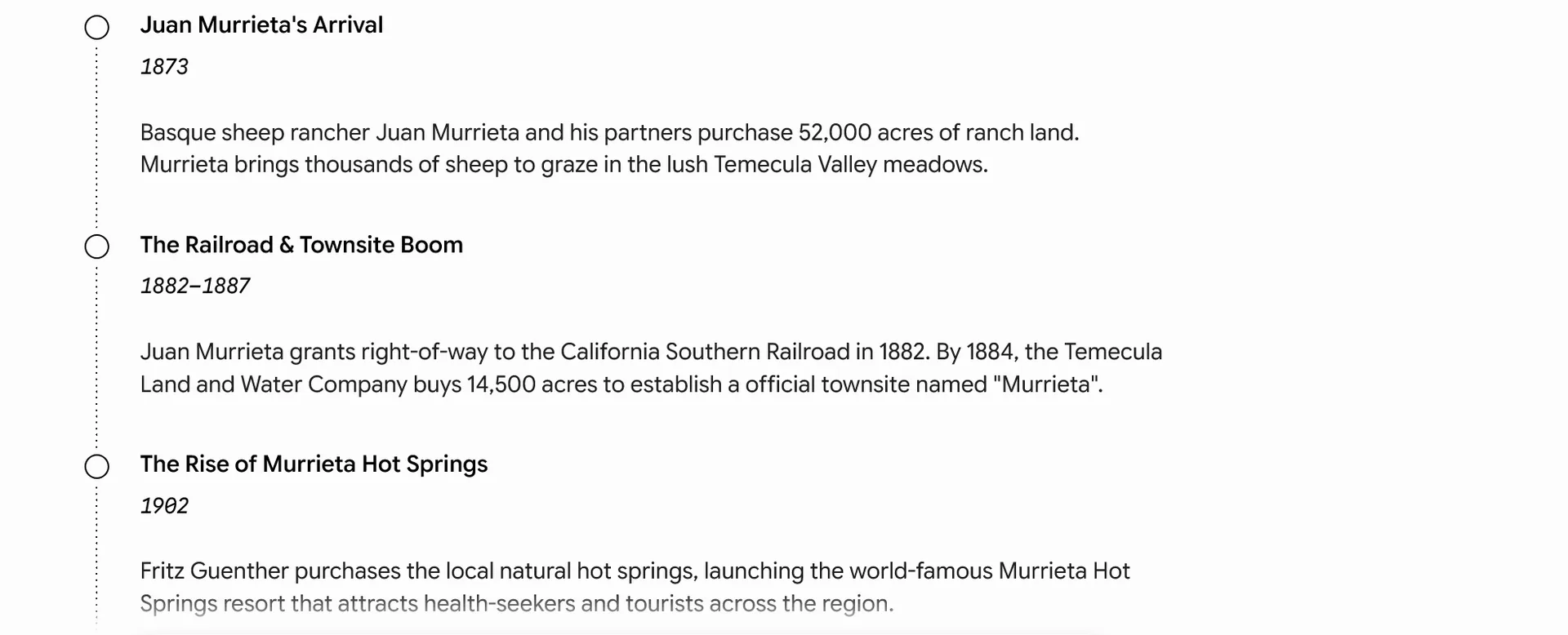 Historical timeline infographic describing the development of Murrieta with text and bullet points