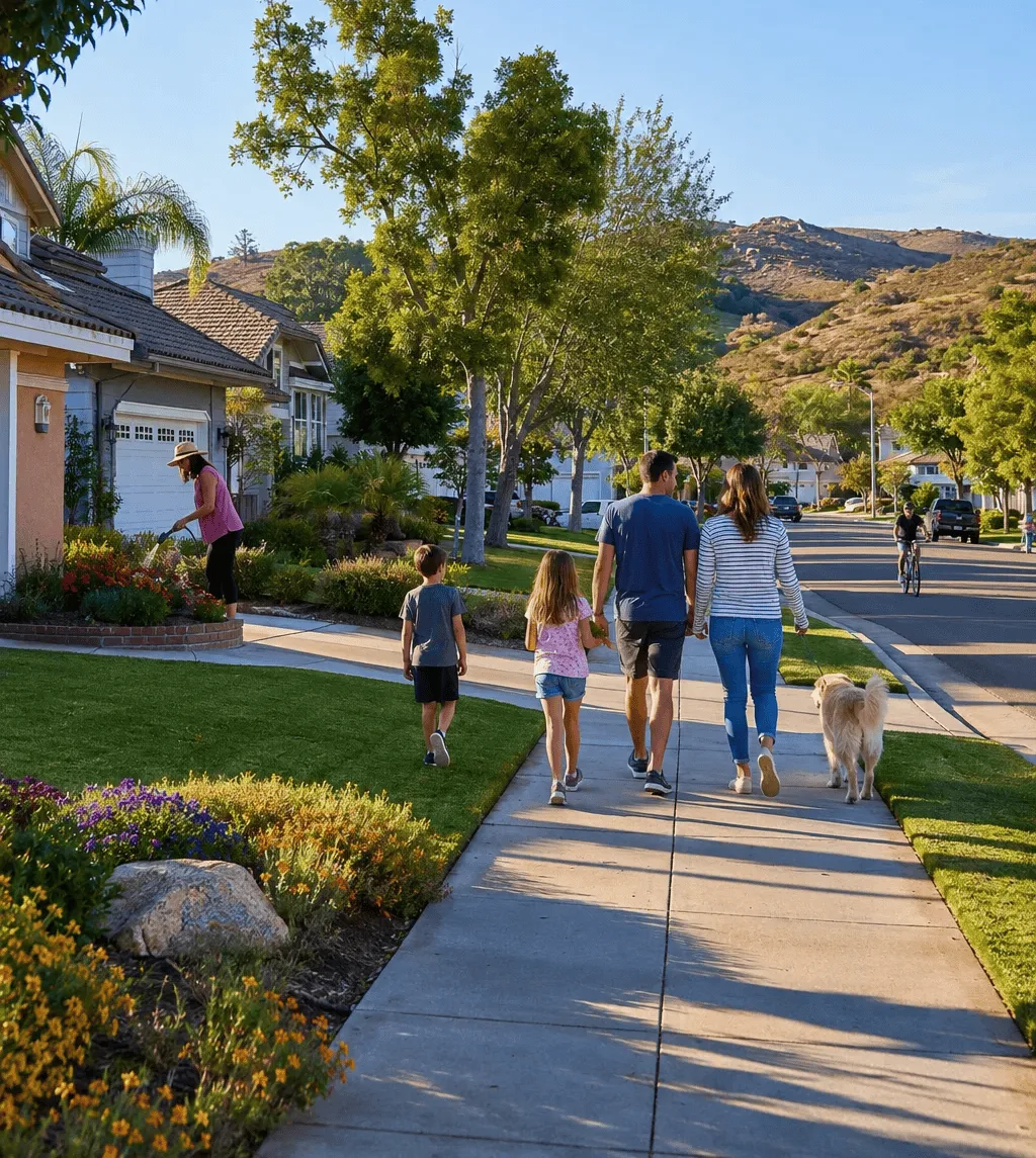 A family walks with their dog along a sunny suburban sidewalk with houses and hills in the background