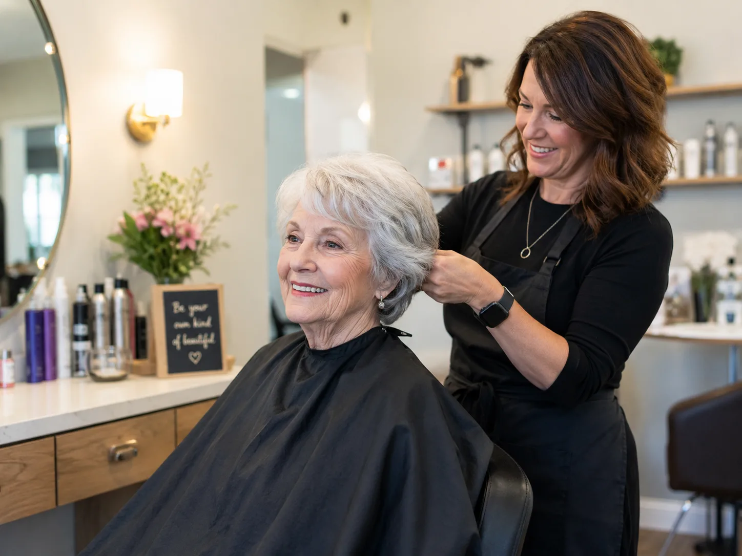 Woman styling an elderly woman's hair in an on-site salon at The Colony