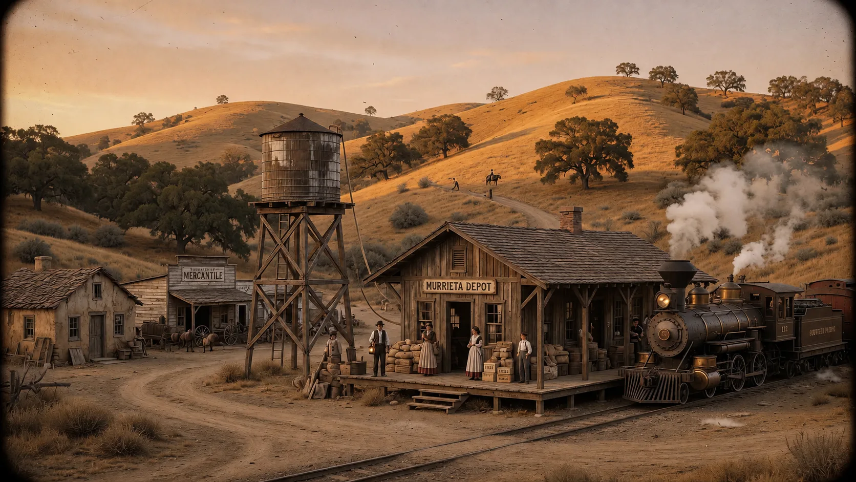Historic steam locomotive arriving at a rustic wooden depot in Murrieta's early railroad days