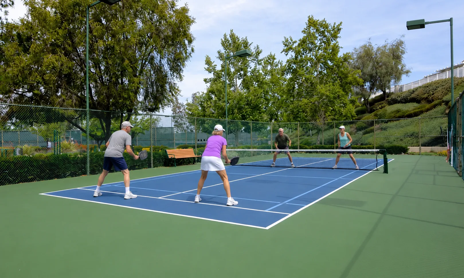 Group of four adults playing pickleball on an outdoor court surrounded by trees