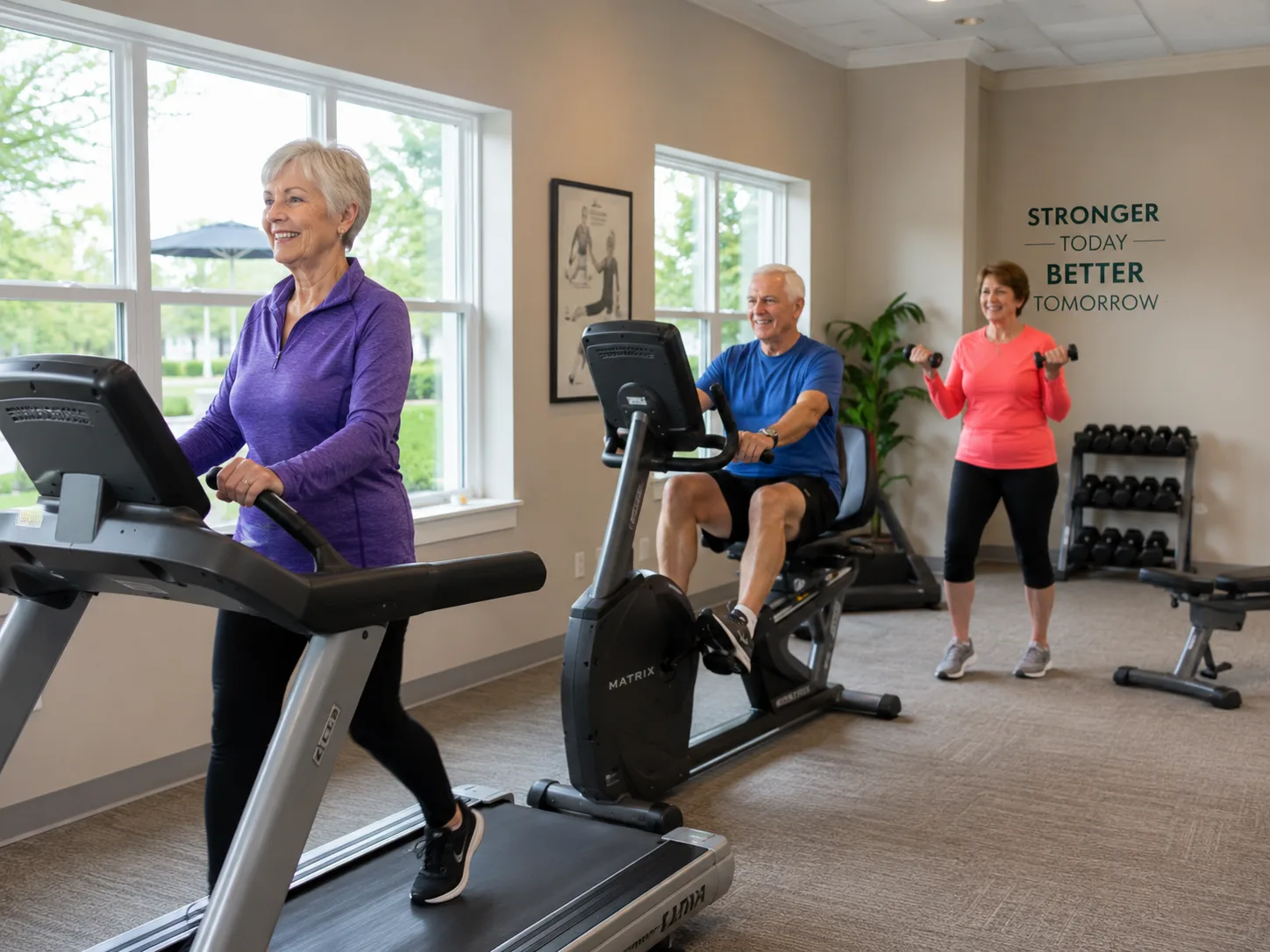 Three seniors exercising in a bright gym at The Colony fitness center
