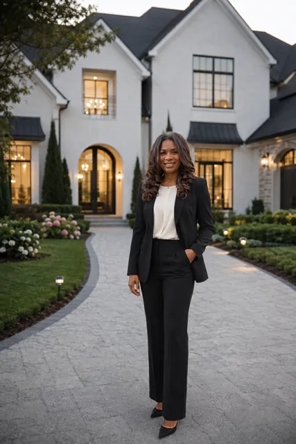 Portrait of Rhoda Fleming, REALTOR, standing in front of a modern white home