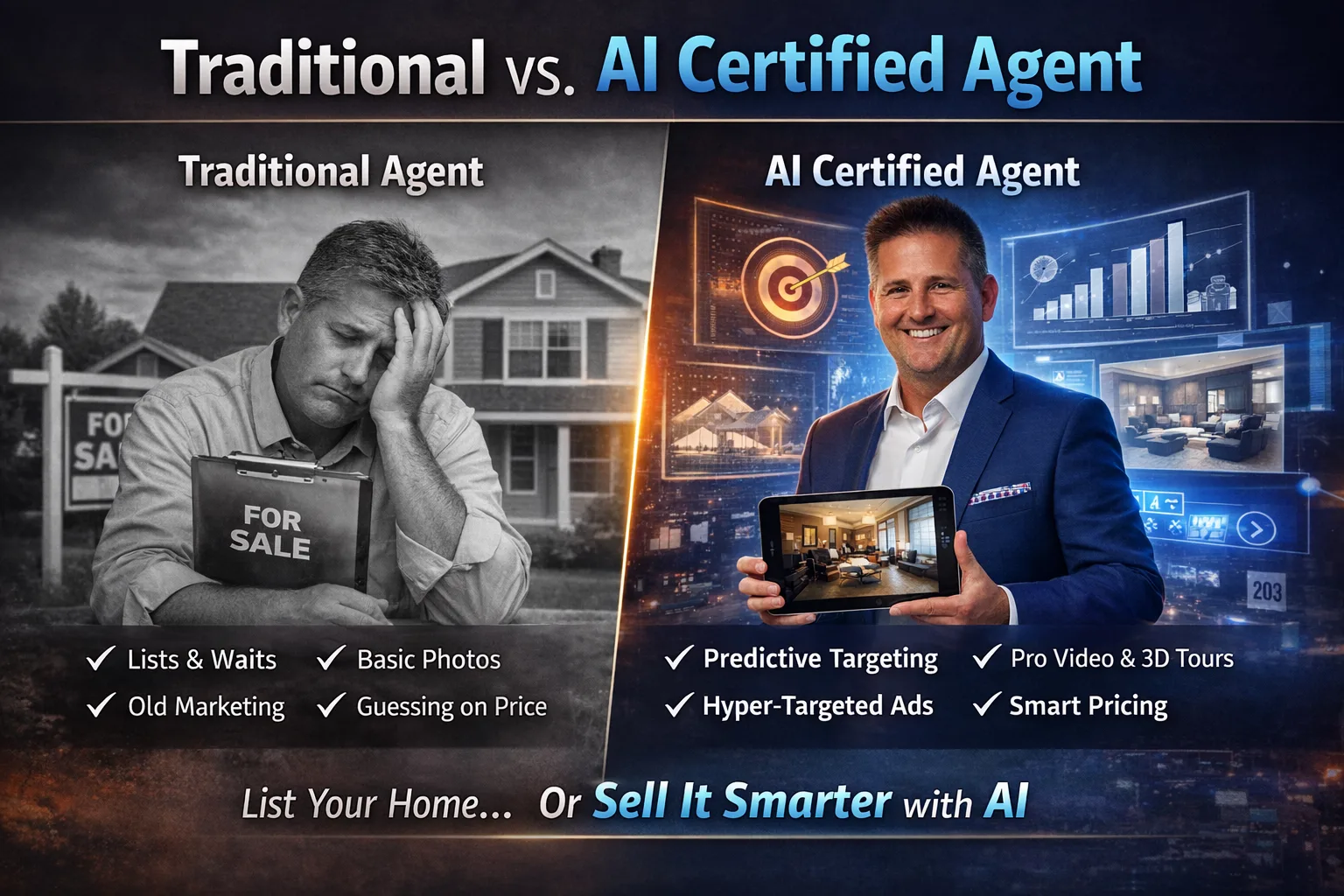 Infographic comparing a traditional real estate agent with Rob Dietrich as an AI certified agent