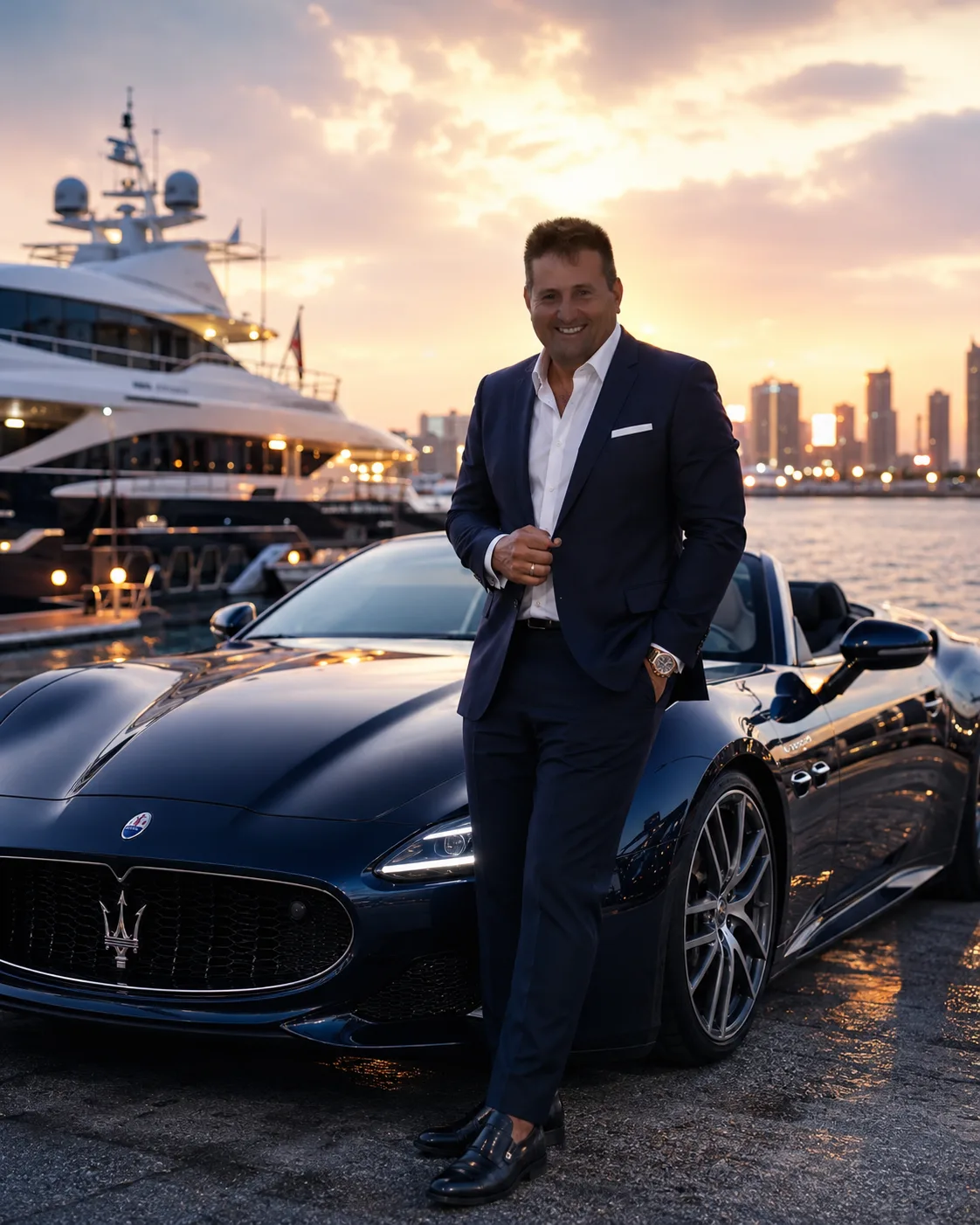 Rob Dietrich leaning against a luxury car at a marina at sunset