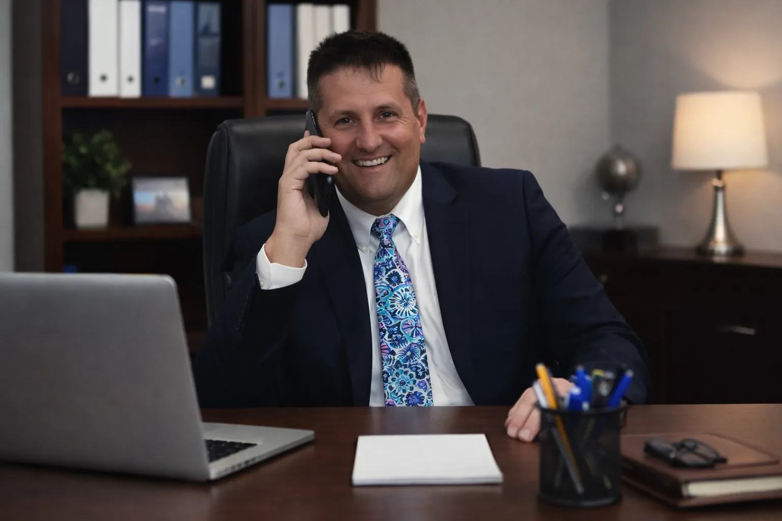 Rob Dietrich at his desk, smiling and talking on a mobile phone