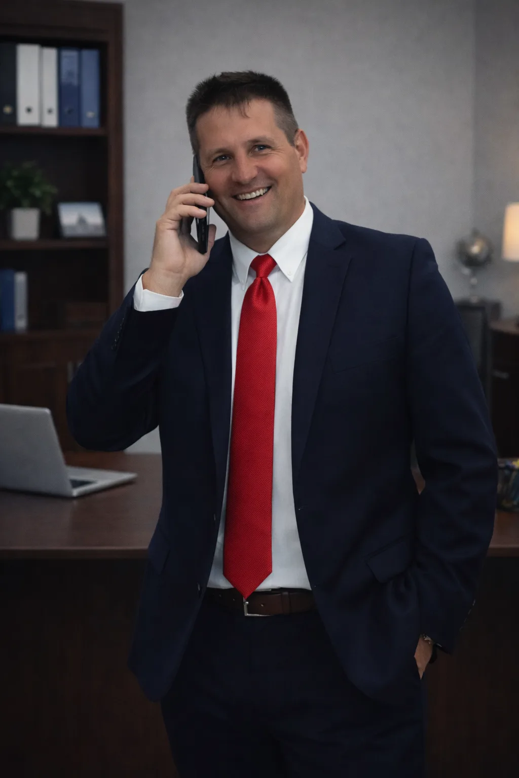 Rob Dietrich in a dark suit on a phone call in a professional office