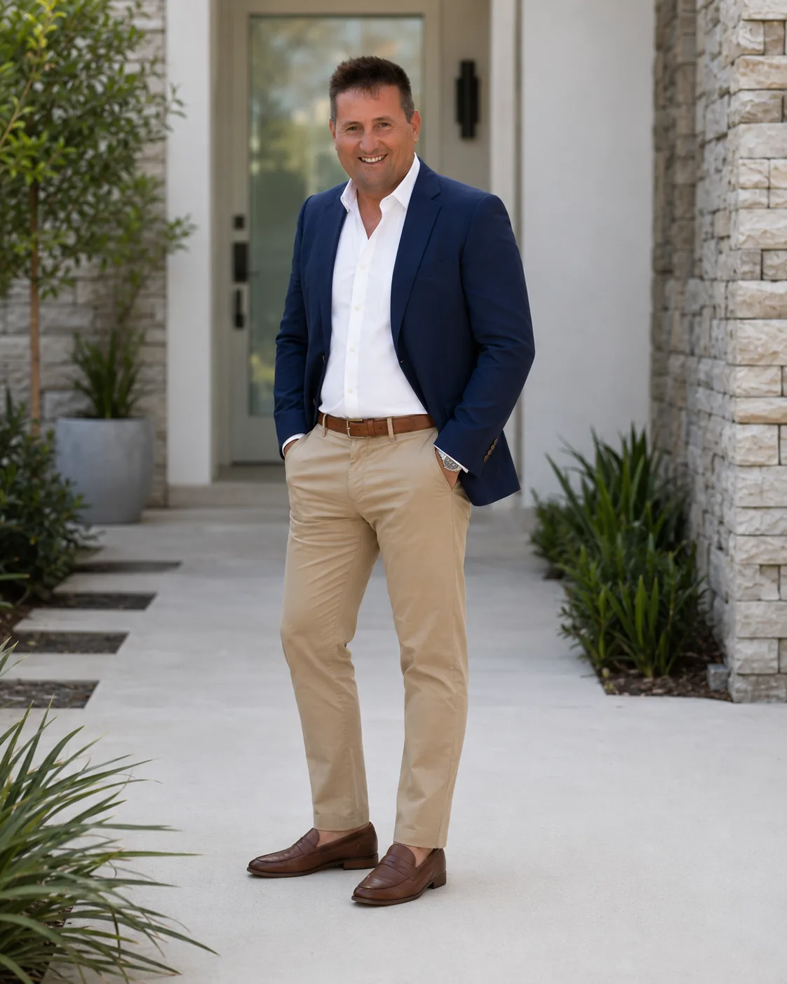 Rob Dietrich standing outside a modern residence in a blue blazer