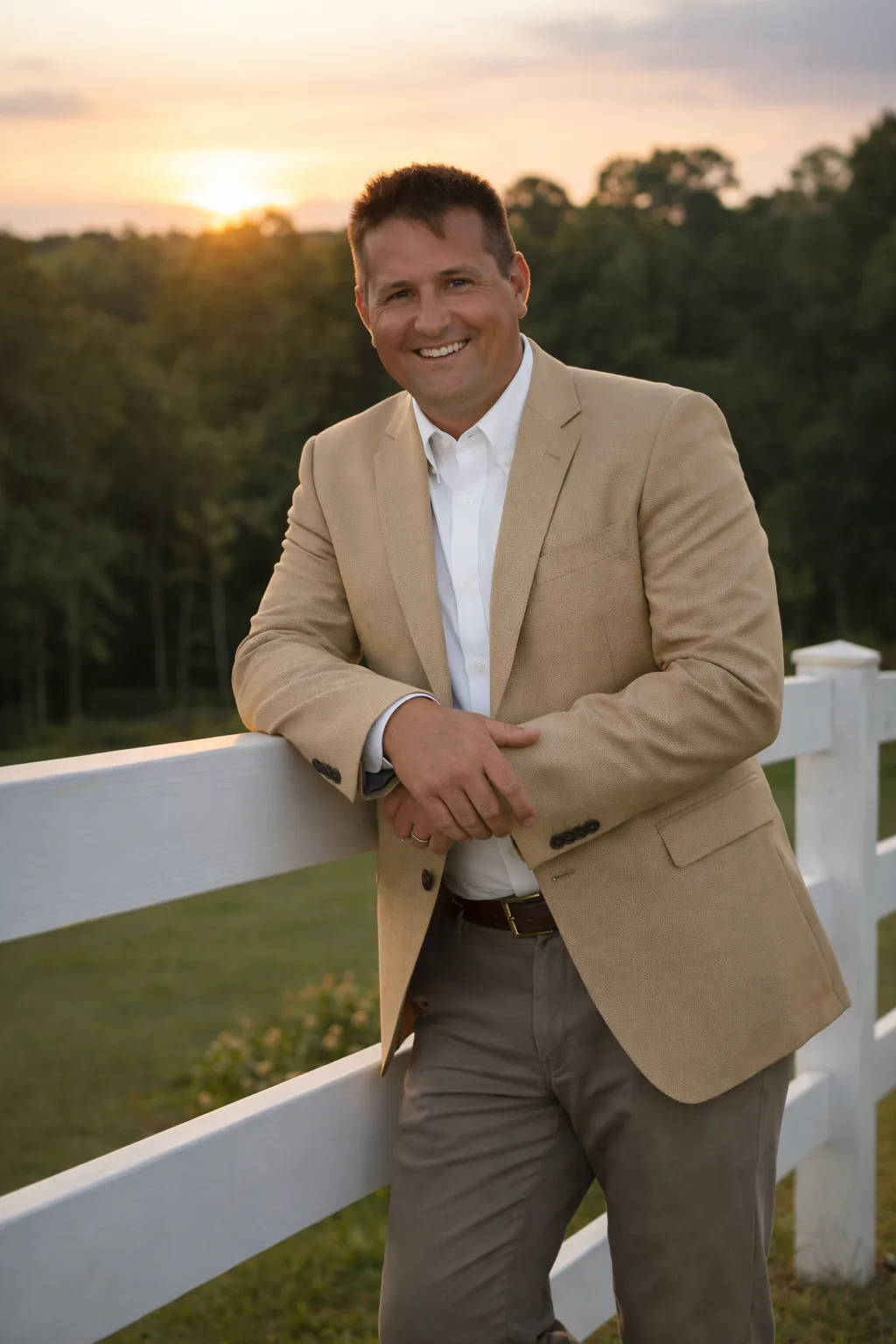Rob Dietrich leaning against a white fence at sunset in a tan blazer