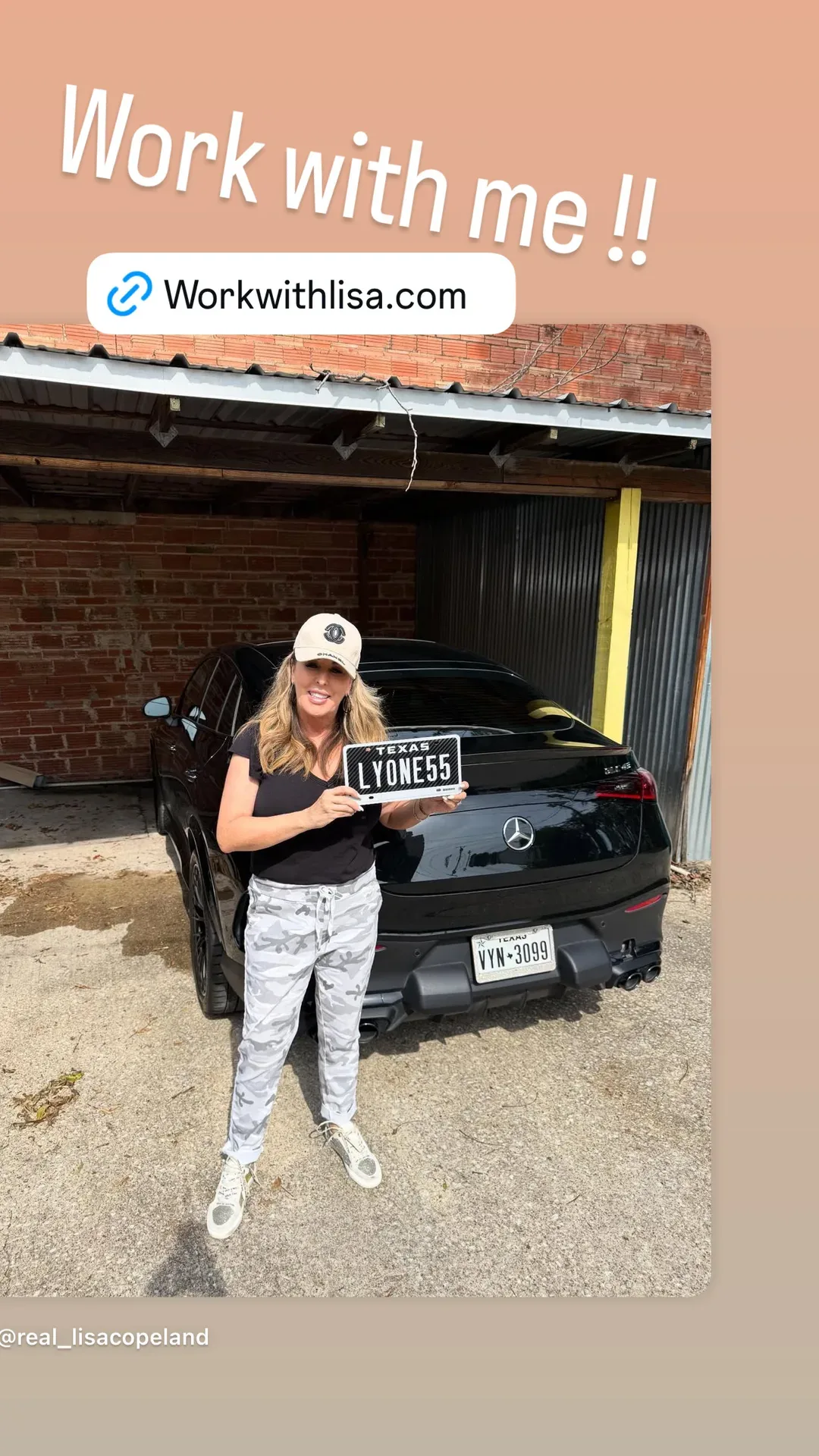 Lisa Copeland in front of a Mercedes-Benz holding a Texas license plate