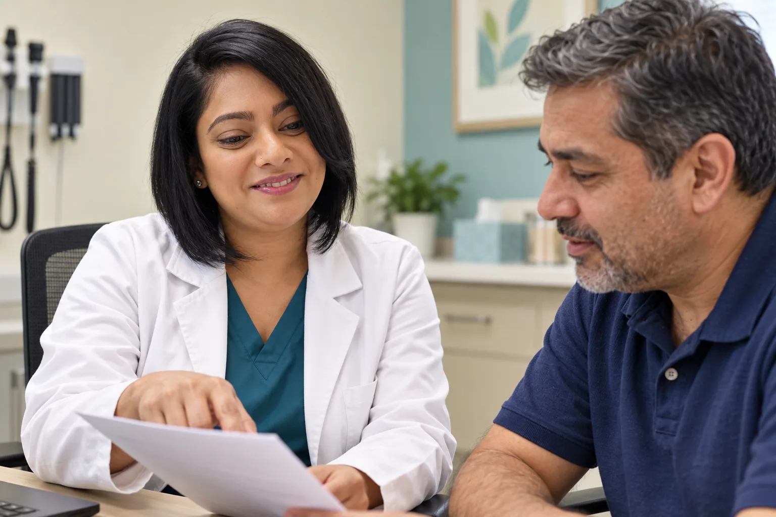 Provider explaining a document to a male patient