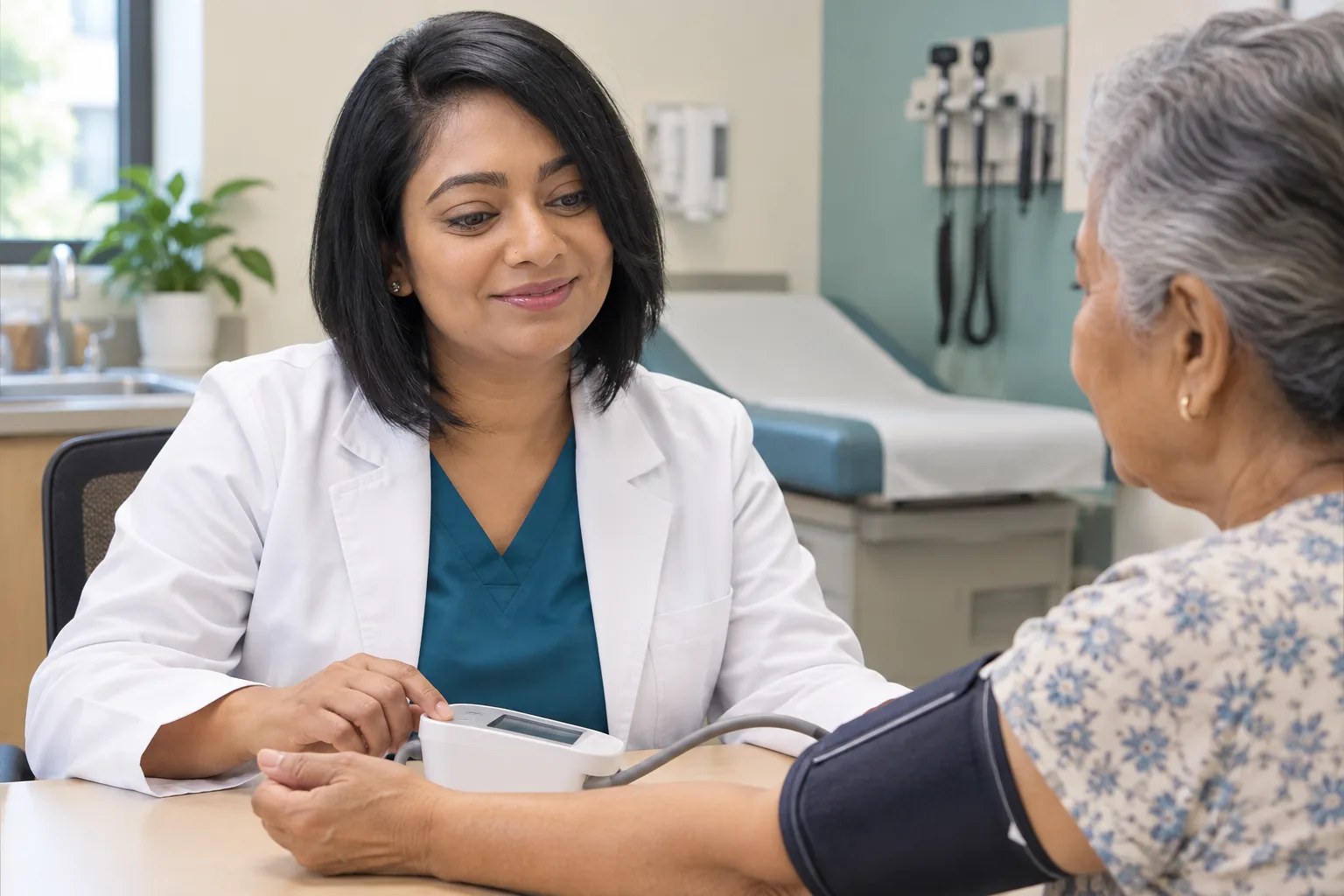 Clinician taking an older patient's blood pressure