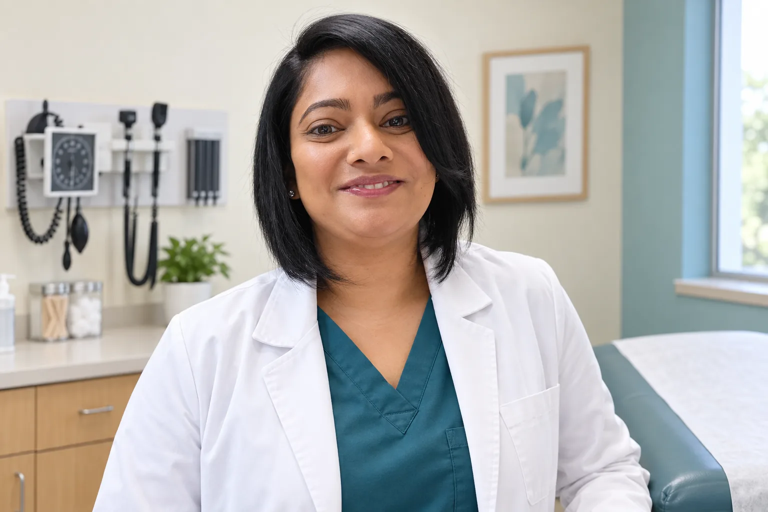 Smiling clinician in an exam room