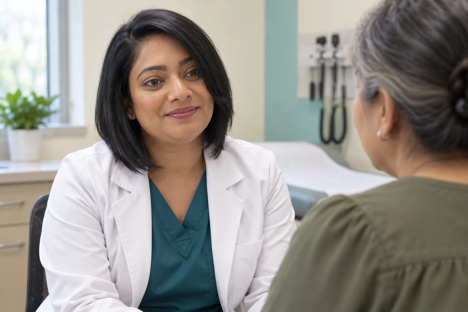 Clinician listening to a female patient