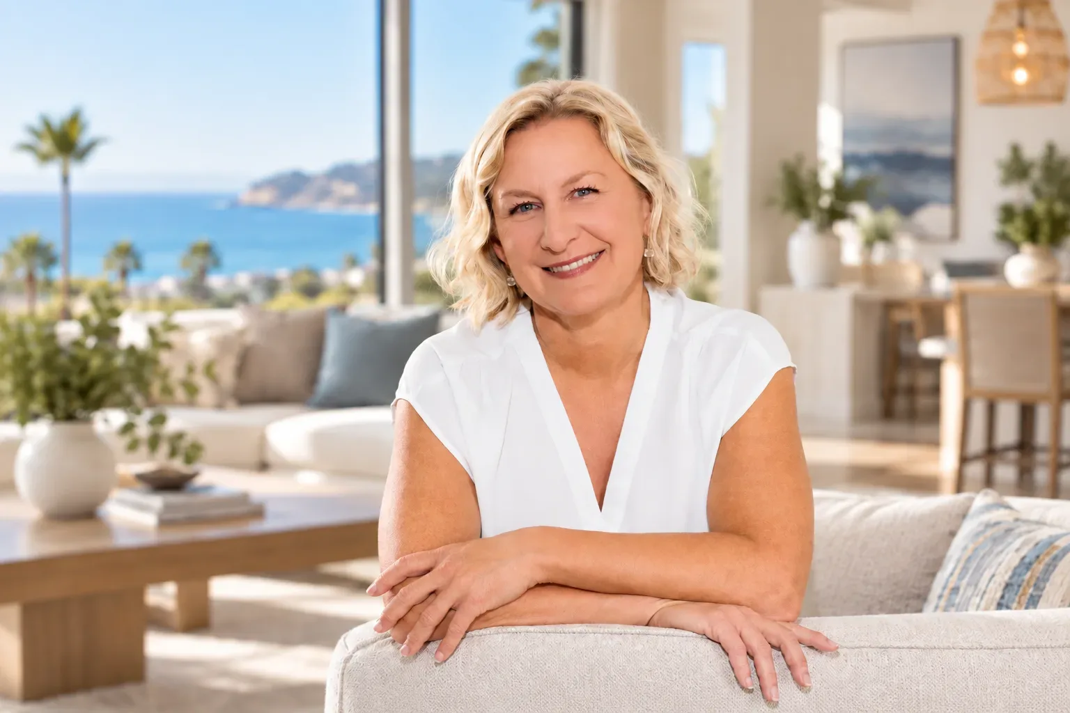 CC Summerfield smiling in a bright coastal home interior