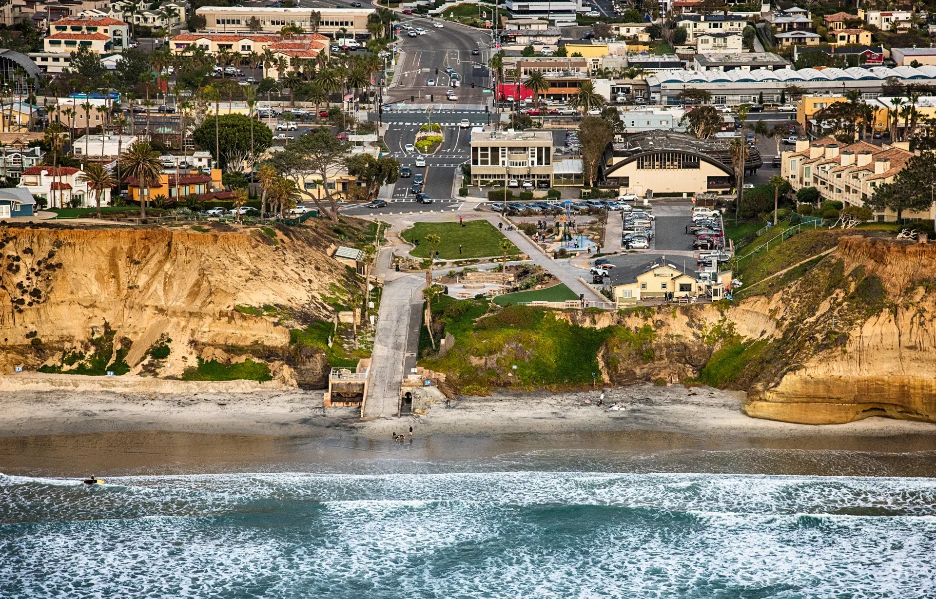 Aerial view of the Solana Beach coastline with cliffs leading down to a sandy beach