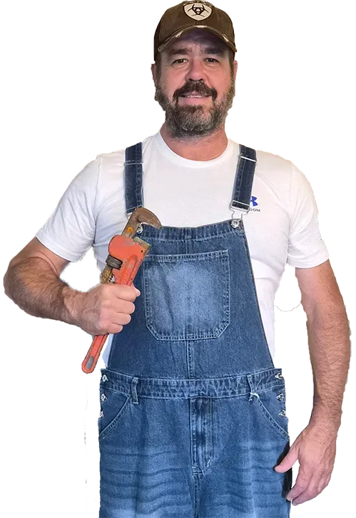 Ask for Chris handyman San Antonio: Chris in his work cap and denim overalls, holding a pipe wrench and ready for your home repairs