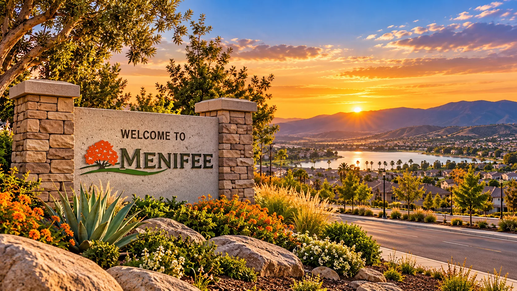 The Menifee welcome sign at sunset, with a lake and mountains behind it