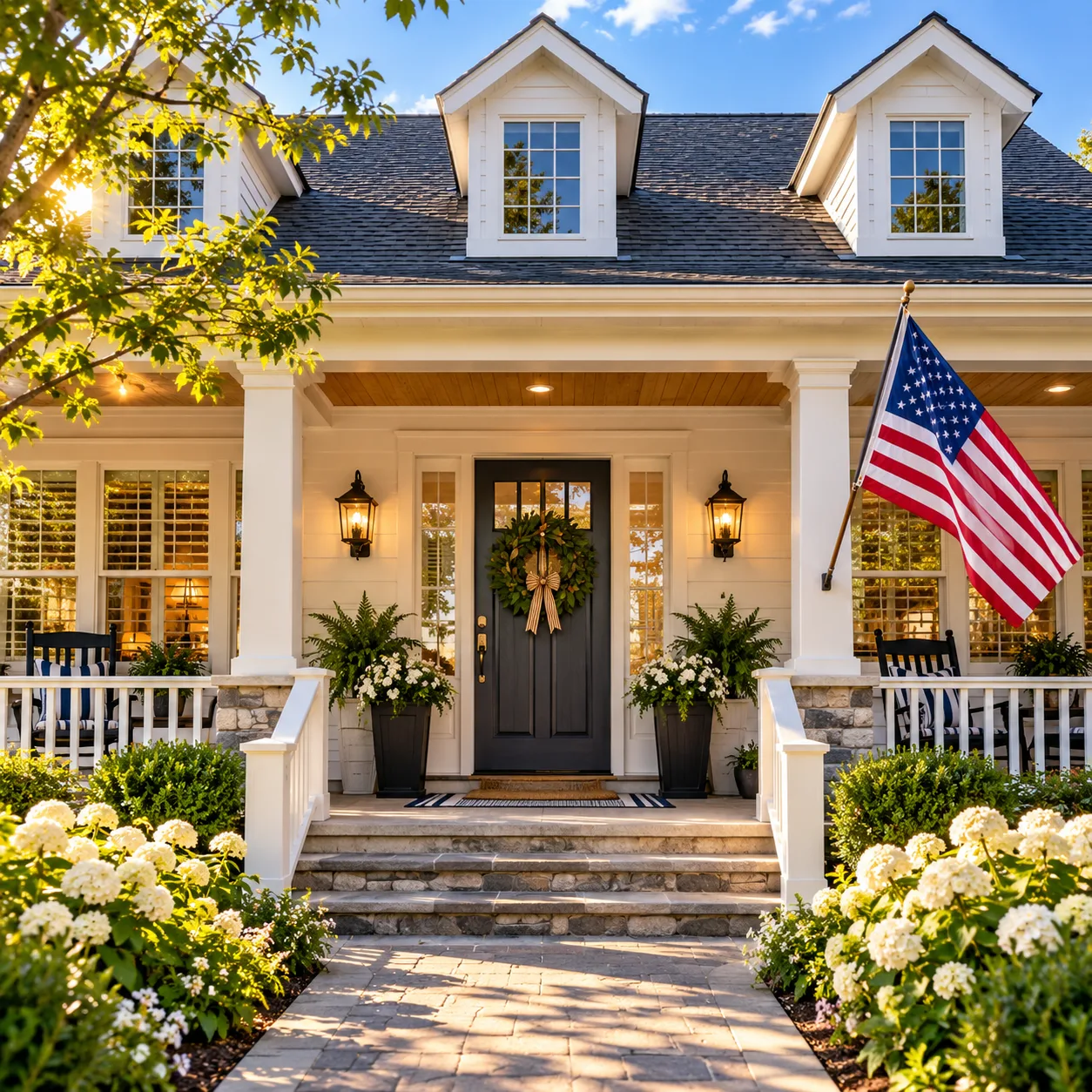 A white farmhouse porch with a dark front door, wreath, and American flag