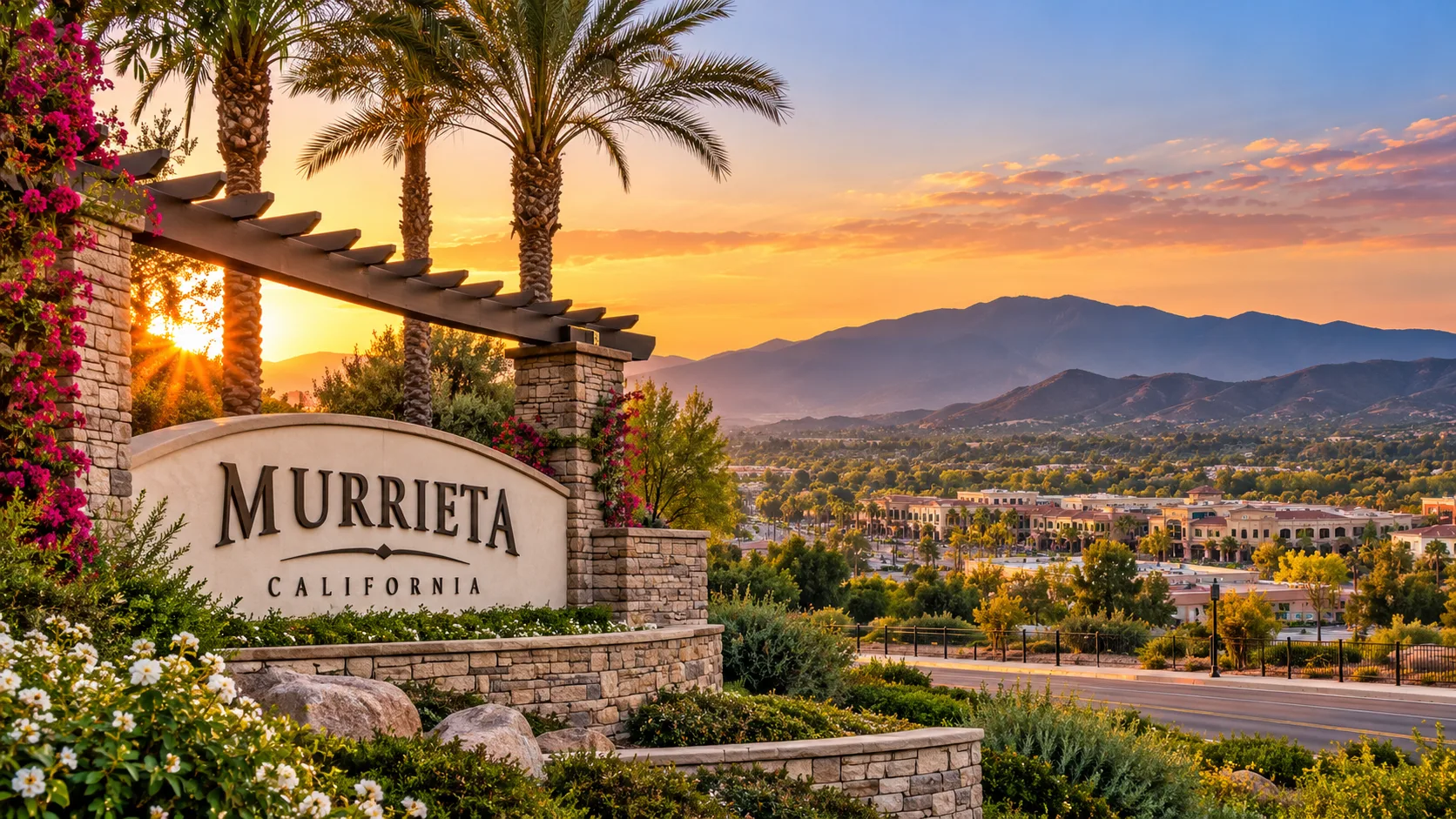 The Murrieta gateway entrance sign at sunset, with mountains behind it