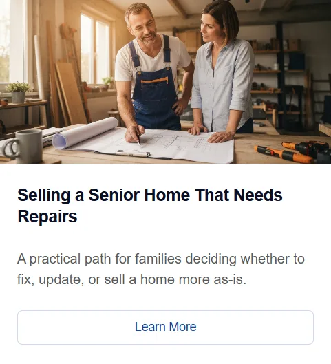 Selling a Senior Home That Needs Repairs: a card with a man and a woman looking at blueprints on a table, the title, subtitle, and a Learn More button