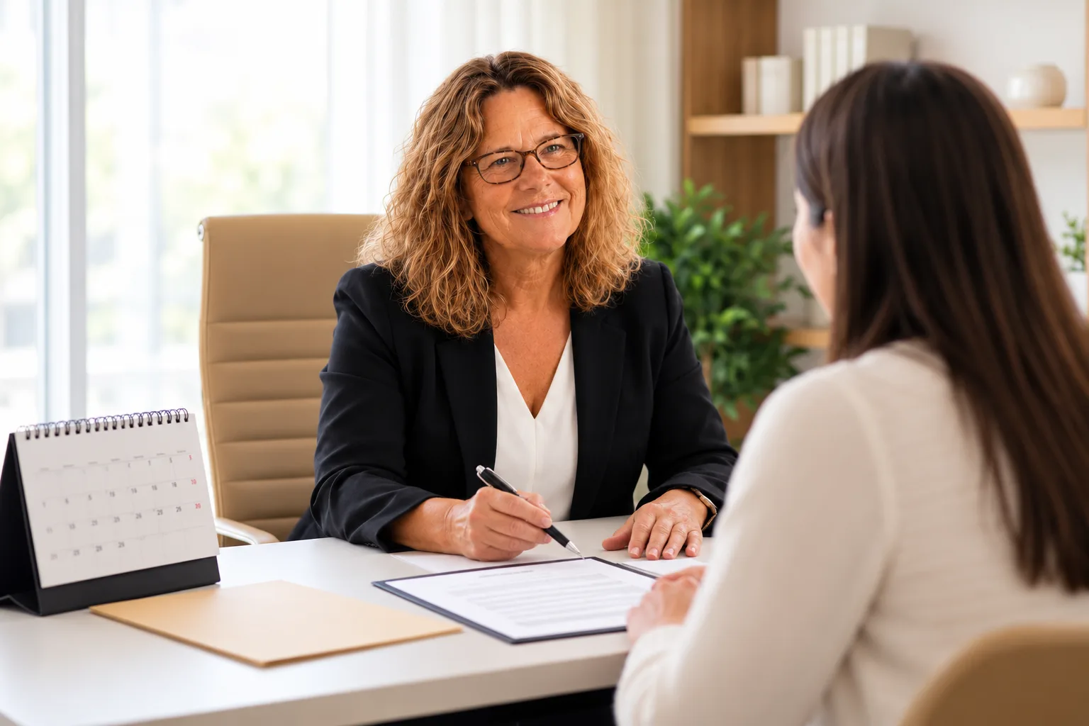 Kathleen Militello sitting at a desk reviewing documents with a client during a consultation