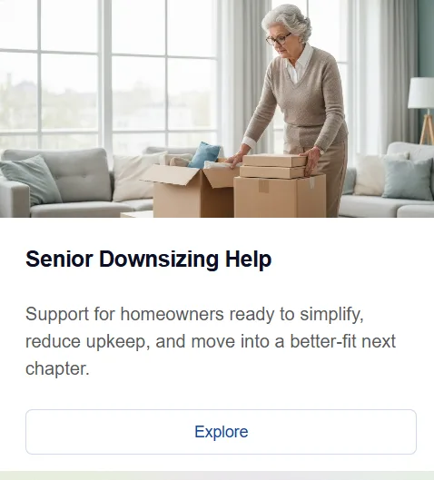 Senior Downsizing Help: a card with an older woman packing boxes in a bright living room, the title, subtitle, and an Explore button