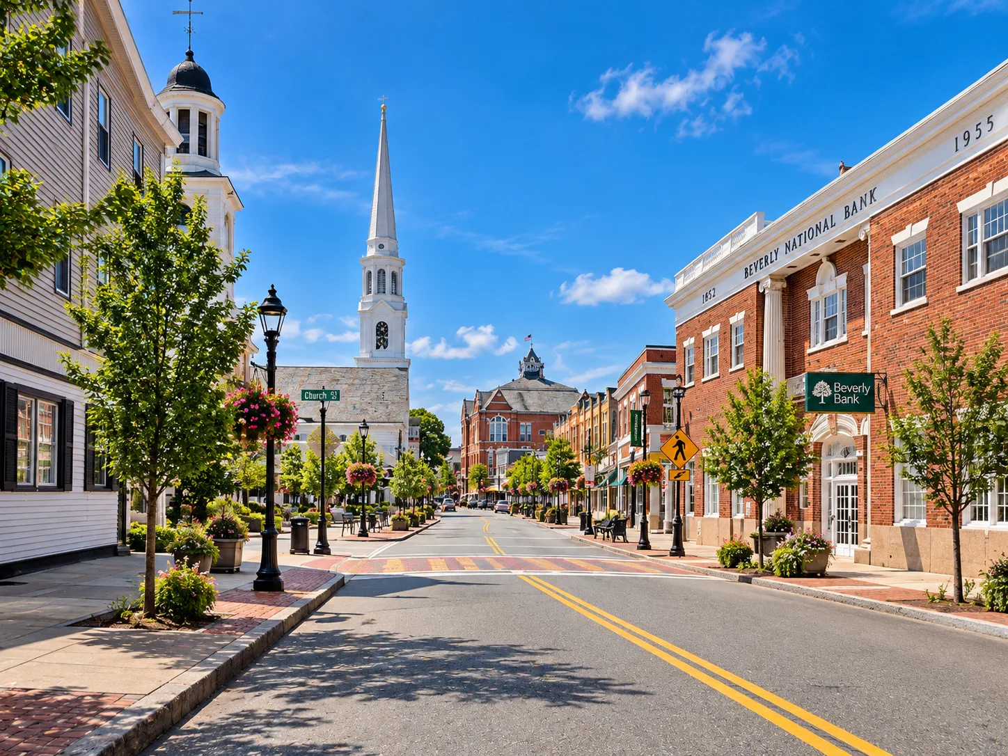 Sunlit downtown Beverly street with brick buildings, trees, and a church steeple