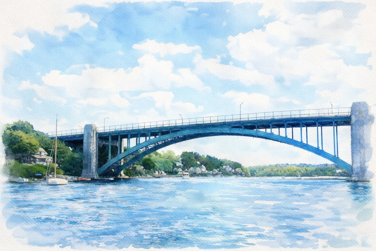 Watercolor painting of the arched blue Gloucester bridge spanning the river under a cloudy sky
