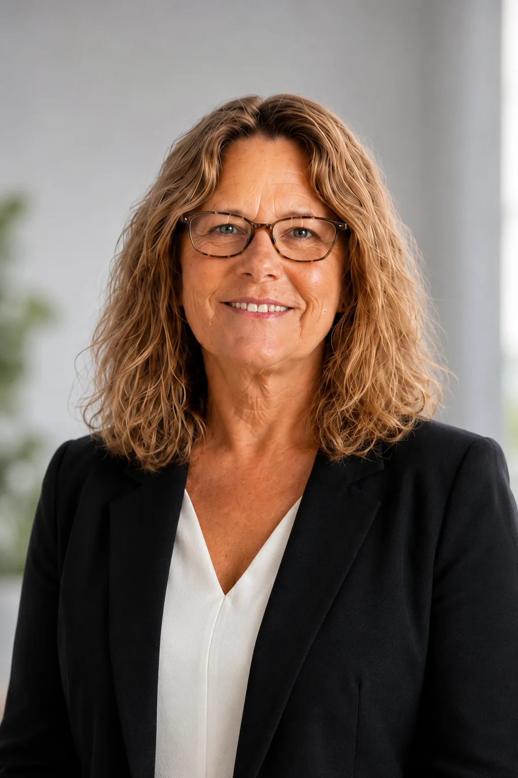 Professional headshot of Kathleen Militello, a smiling woman with wavy shoulder-length hair wearing glasses and a dark blazer