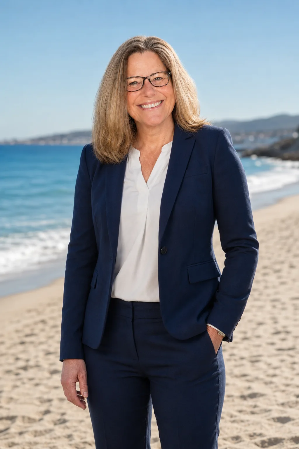 Kathleen Militello smiling on a North Shore beach in a navy suit