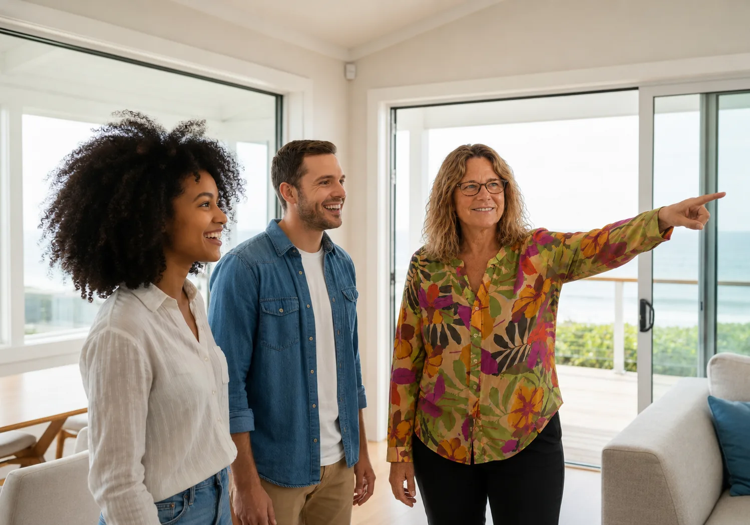 Kathleen Militello pointing while showing a home to a young couple