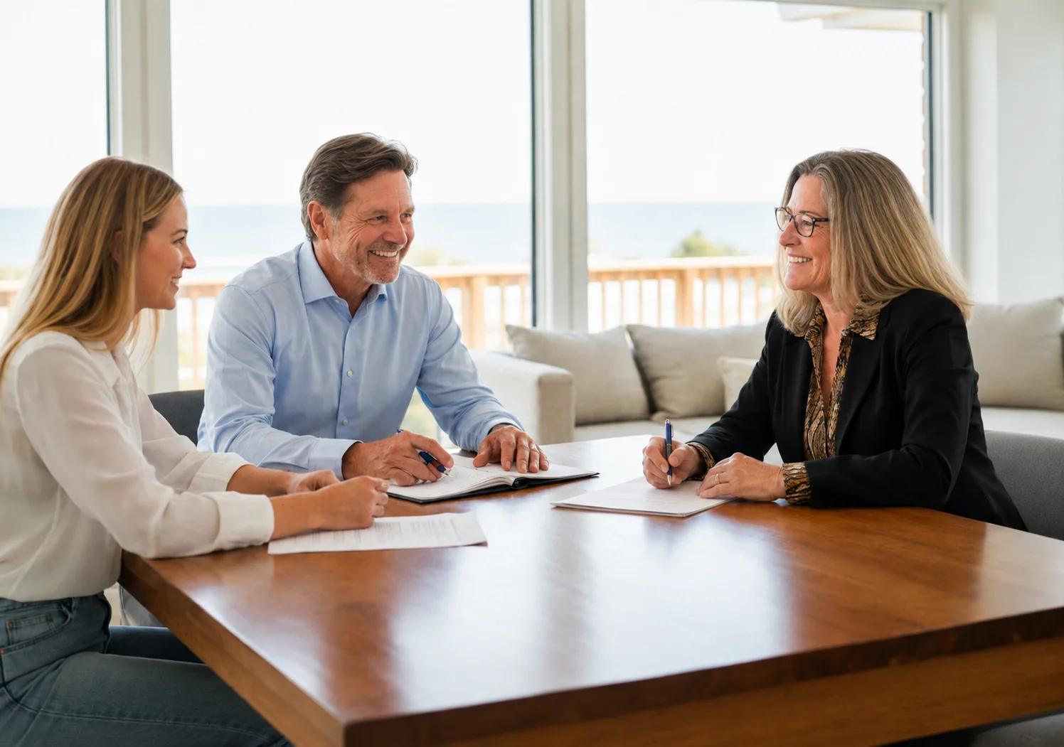 Kathleen Militello in a black blazer and glasses reviewing documents with a couple at a table