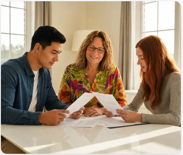 Woman with glasses reviewing pre-approval documents with a young couple