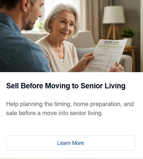Sell Before Moving to Senior Living: a card with a man and an older woman reviewing a Moving Plan document, the title, subtitle, and a Learn More button