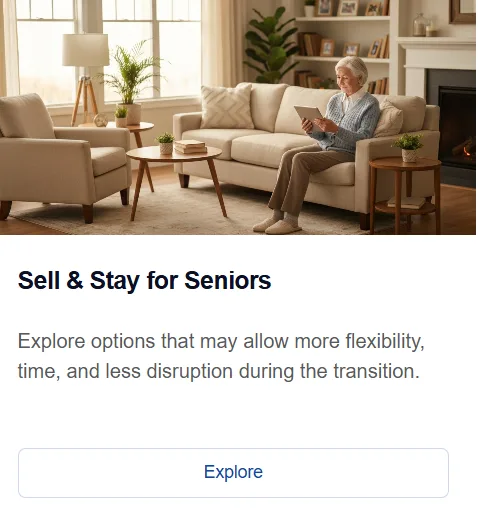 Sell & Stay for Seniors: a card with an elderly woman sitting on a beige sofa using a tablet, the title, subtitle, and an Explore button