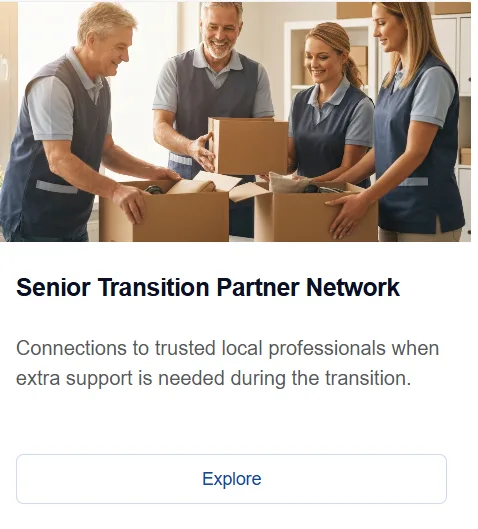 Senior Transition Partner Network: a card with a photo of four people packing cardboard boxes, the title, subtitle, and an Explore button