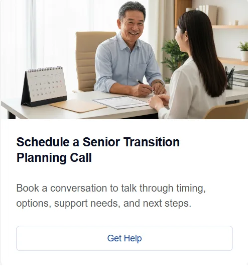 Schedule a Senior Transition Planning Call: a man and a woman in a professional consultation at a desk, with the title and booking prompt on the card