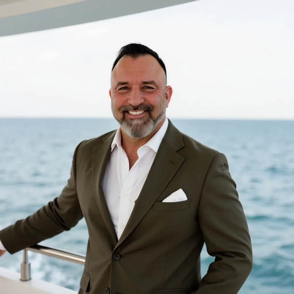 Miguel A. Morales, real estate agent with Veteran Freedom Relocation, smiling in an olive blazer on a boat