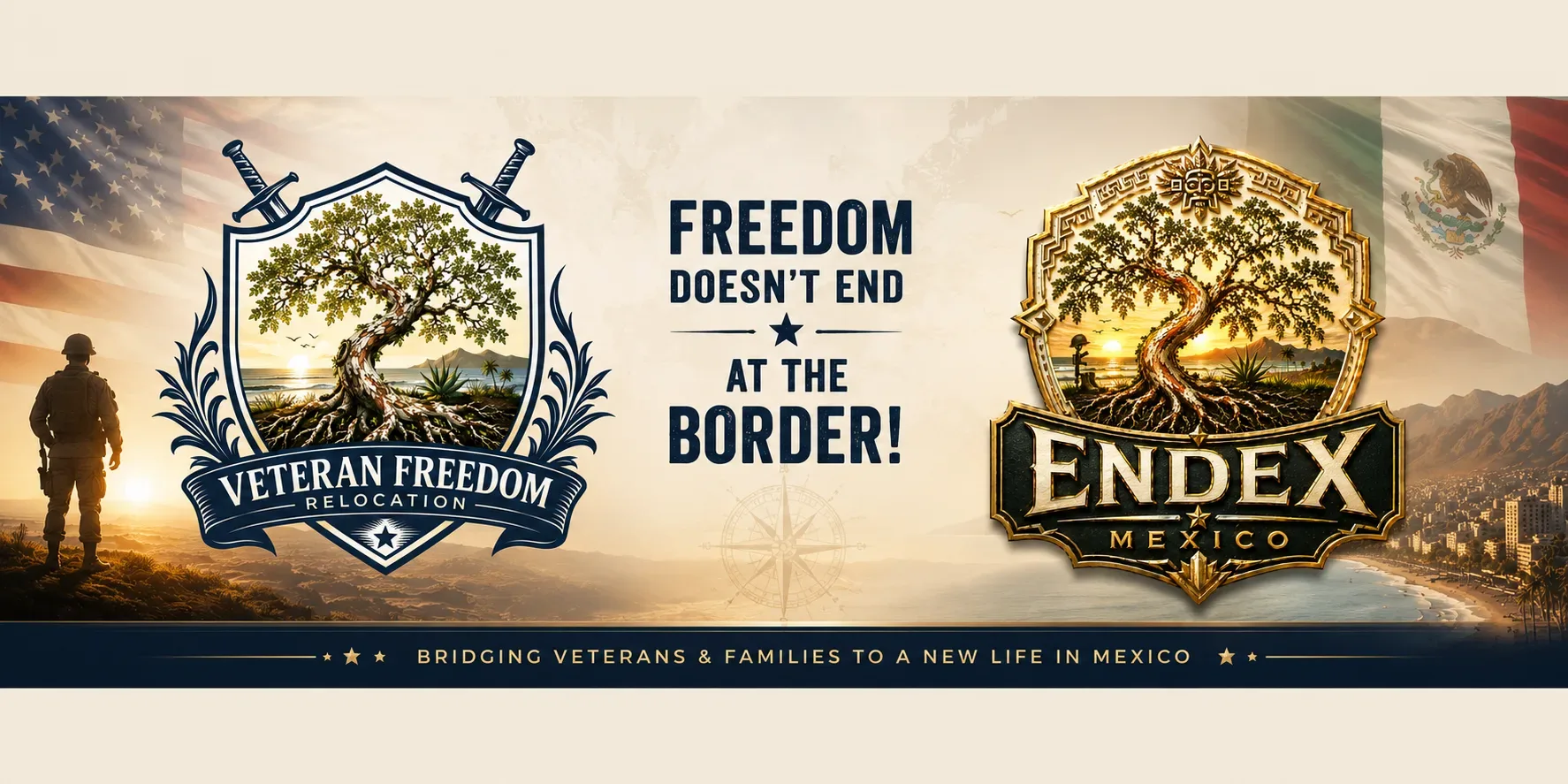Veteran Freedom Relocation and EndEx Mexico crests with US and Mexico flags, reading: Freedom doesn't end at the border