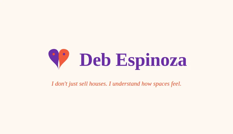 Deb Espinoza logo: a heart split into purple and orange beside the name Deb Espinoza