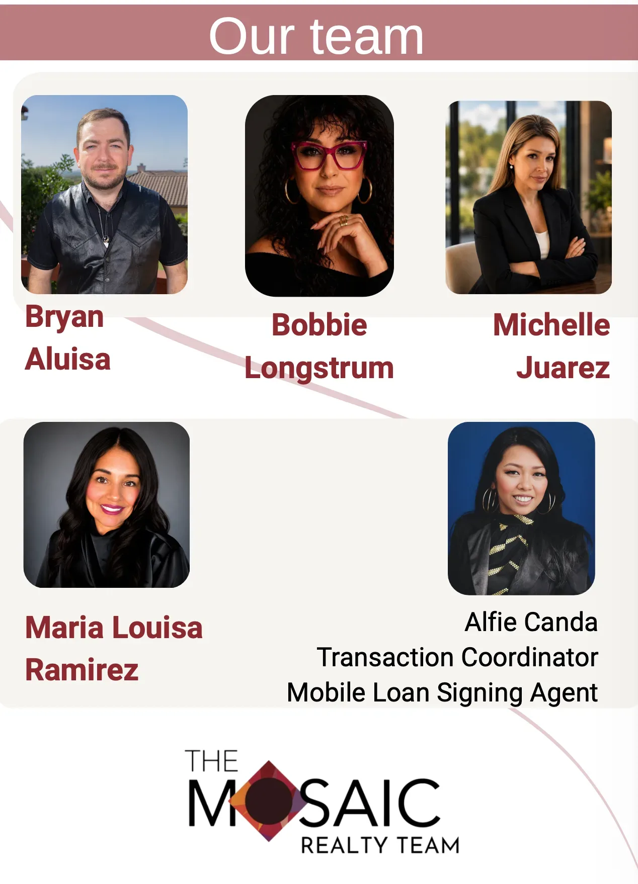 The Mosaic Realty Team: Bryan Aluisa, Bobbie Longstrum, Michelle Juarez, Maria Louisa Ramirez, and Alfie Canda