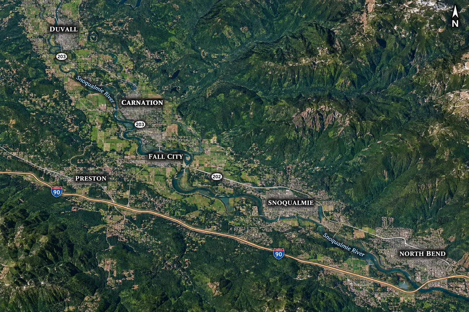 Aerial satellite map of the Snoqualmie Valley region with labeled cities and highways